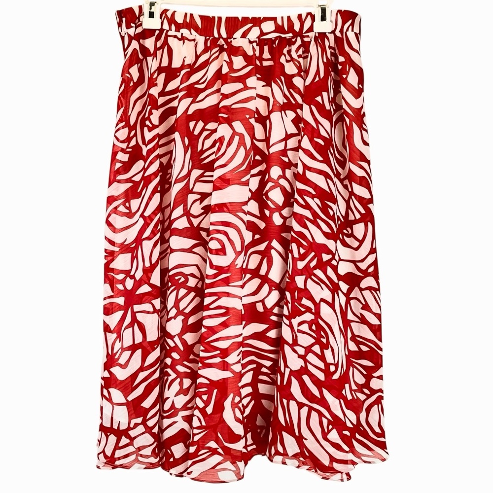 Lafayette 148 New York Midi Skirt Crinkle Chiffon Abstract Design Red White 10